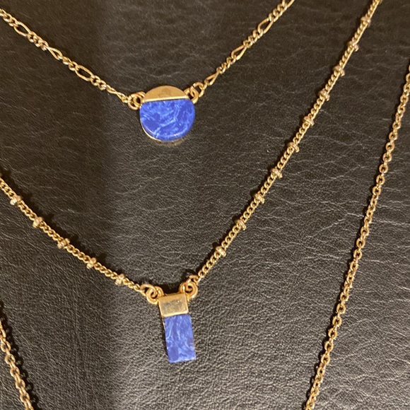 Goldtone blue druzy and stone triple chain necklace - Picture 5 of 6